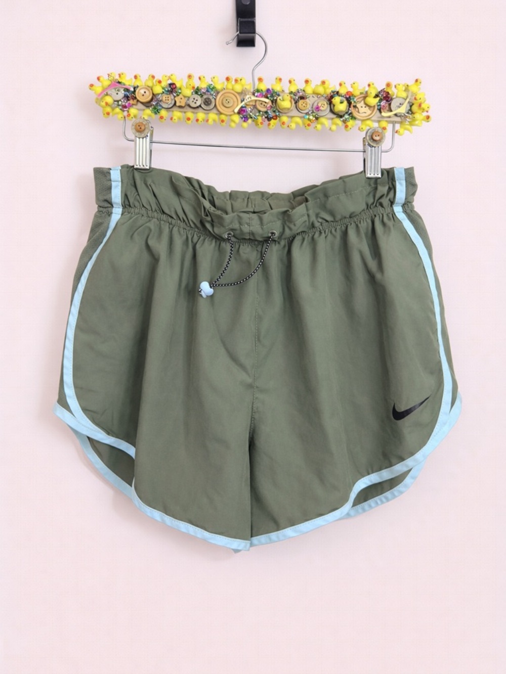 Nike Olive Green Athletic Shorts with Light Blue Trim